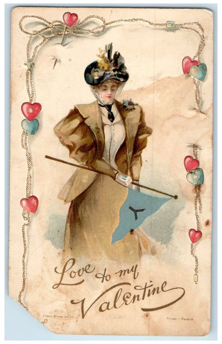 1903 Valentine Pretty Woman Holding Flag Yale Hearts Swanton Vermont VT Postcard