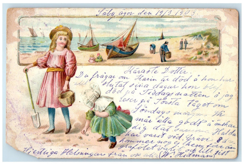 1903 Plow Basket Boat Sand Scene Children Beach Sweden Posted Postcard