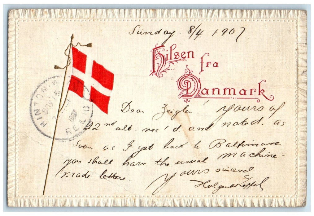 1907 Greetings from Denmark Flag Embossed Antique Posted Postcard