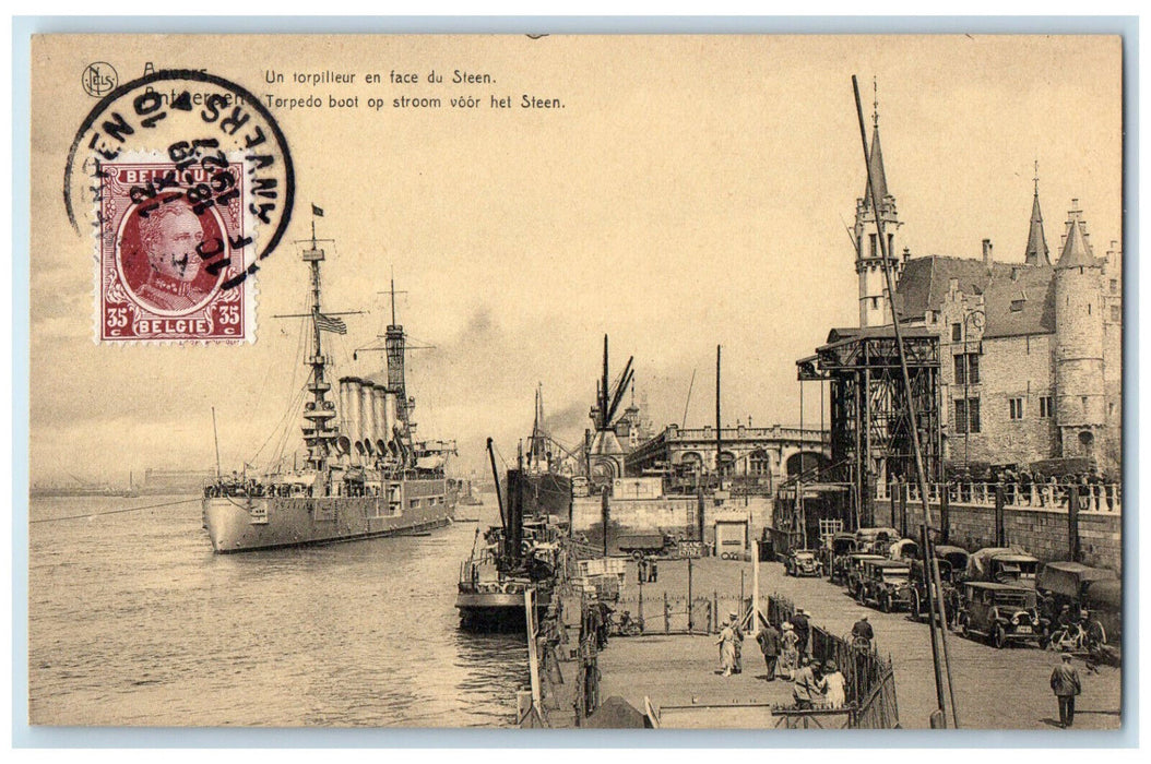 1927 Torpedo Boat in Front of Steen Antwerp Belgium Vintage Posted Postcard