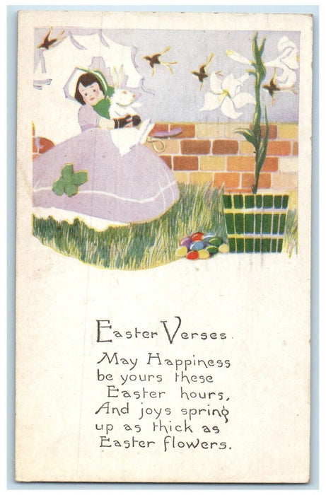 1921 Easter Girl Holding Rabbit Eggs Lilies Flowers Norristown PA Postcard