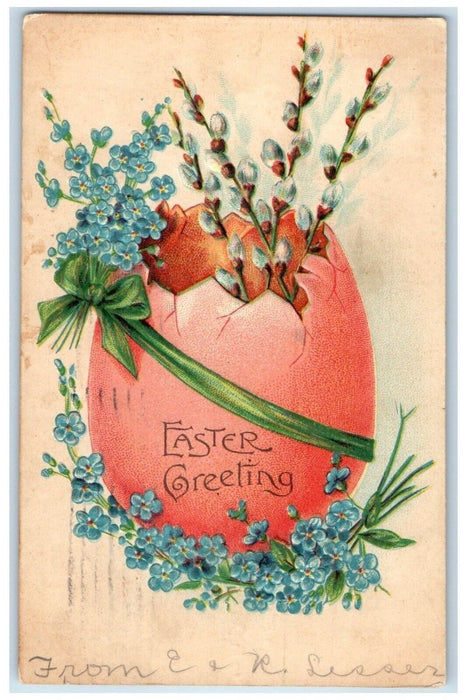 1908 Easter Greetings Pipe Berry Pansies Flowers In Hatched Egg Antique Postcard