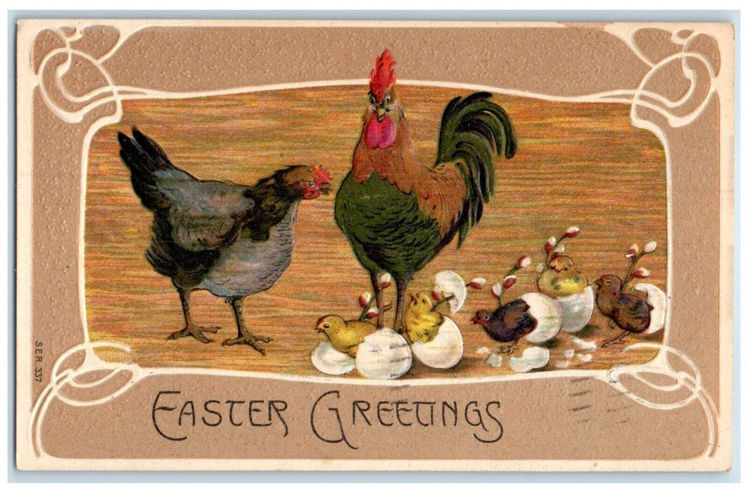 Easter Greetings Rooster Chicken Hatched Eggs Pipe Berry Arts Crafts Postcard