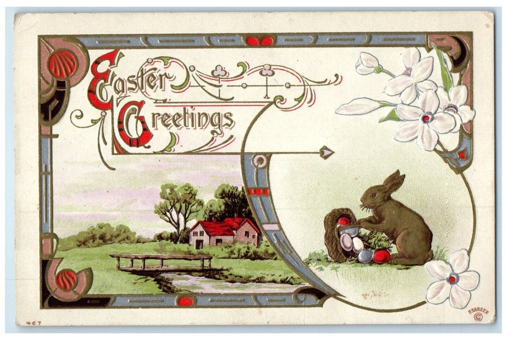 1913 Easter Greetings Rabbit Basket Eggs Arts Crafts Embossed Coloma MI Postcard