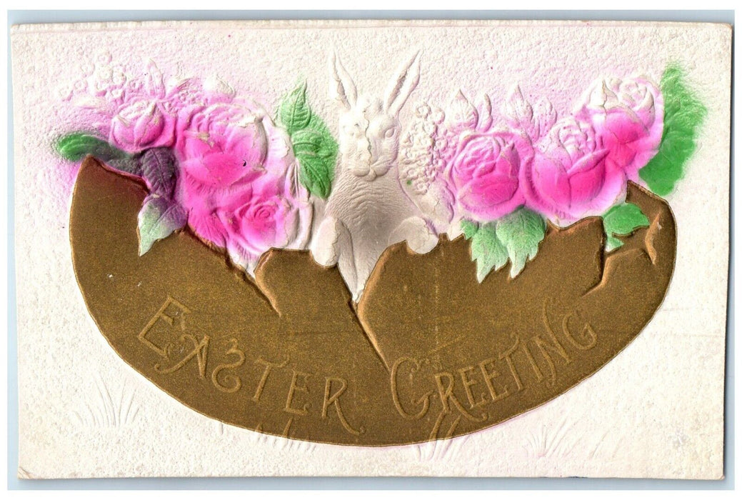 Easter Greeting Rabbit And Flowers Hatched Egg Flowers Airbrushed Postcard