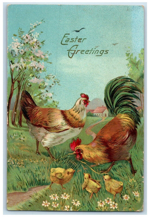 1911 Easter Greetings Rooster Chicken Hen Chicks Daisy Flowers Gel Postcard