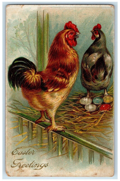 c1910's Easter Greetings Rooster Chicken Lays Eggs Embossed Antique Postcard