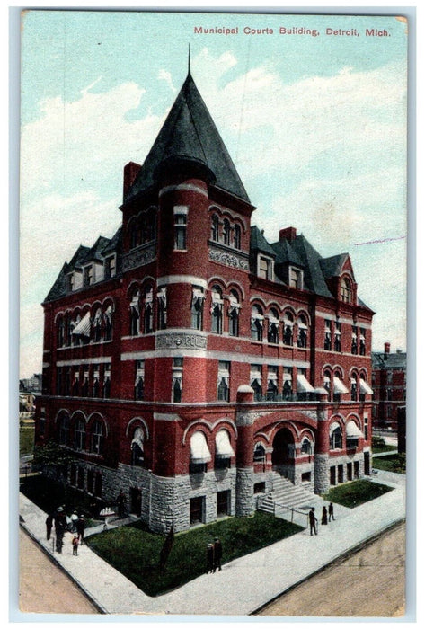 1909 Municipal Courts Building Exterior Building Road Detroit Michigan Postcard