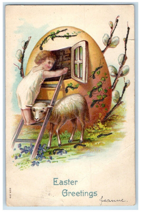 Easter Greetings Giant Egg Window Girl Climb Ladder Lamb Pipe Berry Postcard