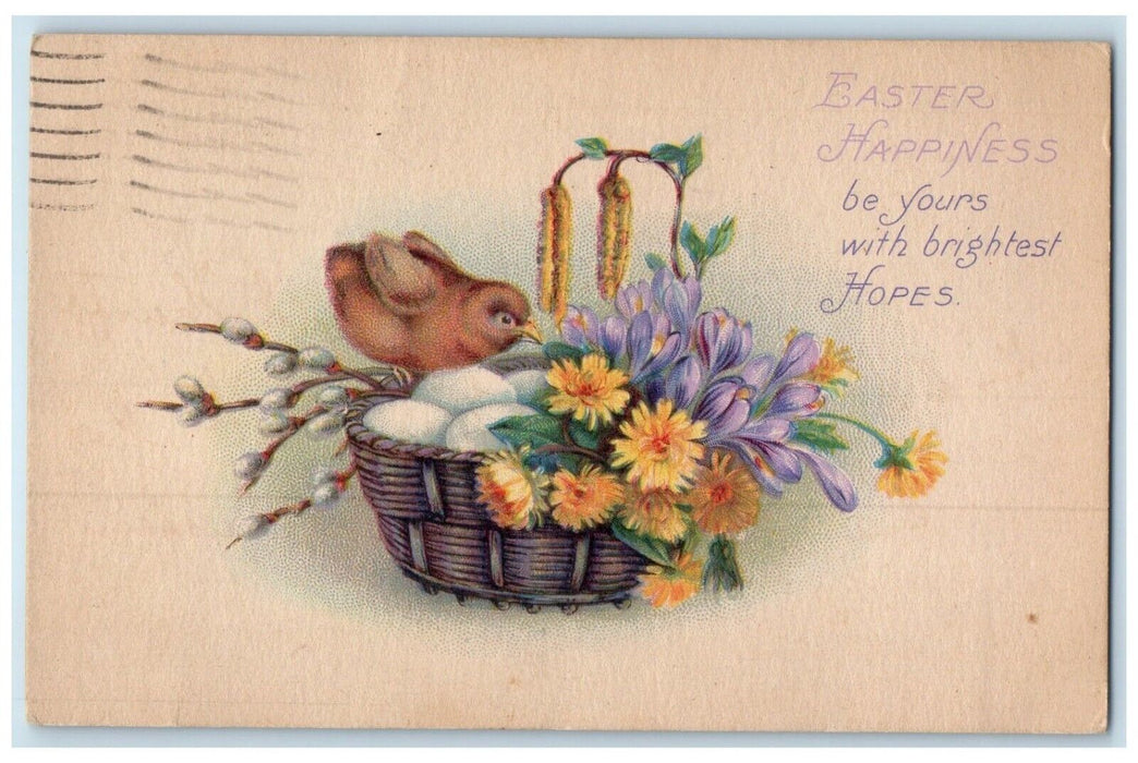 1925 Easter Happiness Chick On Basket Eggs Cattail Flowers Pipe Berry Postcard