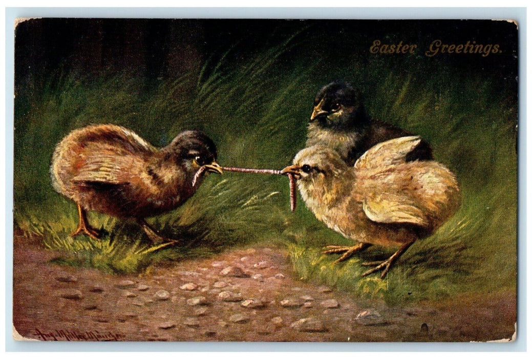 1908 Easter Greetings Chicks Eating Worm Philadelphia Pennsylvania PA Postcard