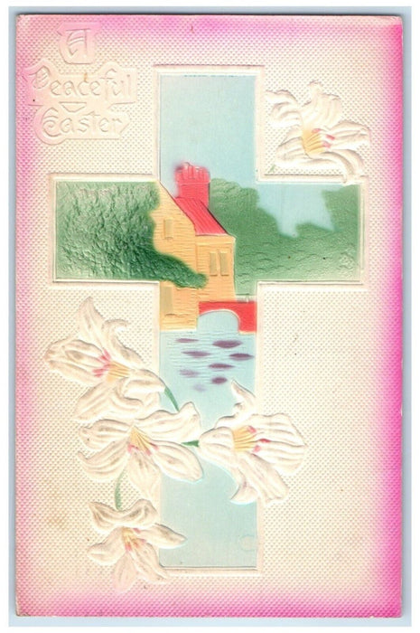 1909 Easter Holy Cross House Lilies Flowers Airbrushed Sterling IL Postcard