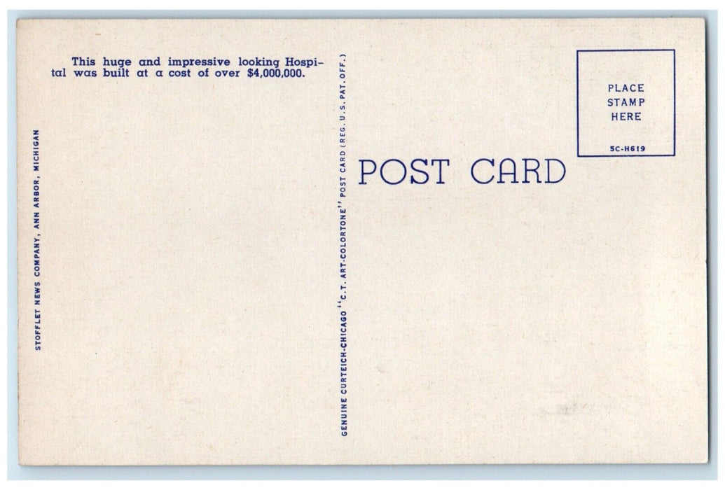 c1940 University Michigan Hospital Exterior Building Ann Arbor Michigan Postcard