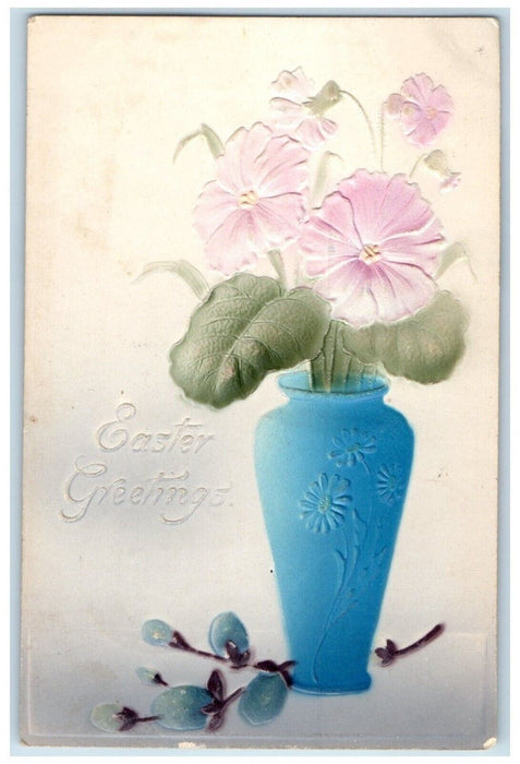 1909 Easter Greetings Flower Vase Pipe Berry Airbrushed Embossed Posted Postcard