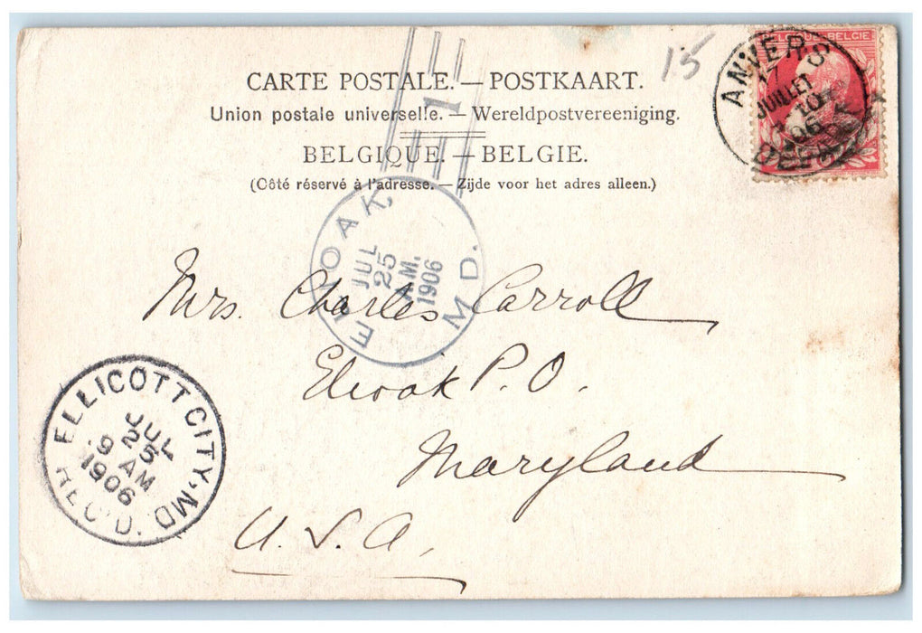1906 Cathedral Tower Antwerp Belgium Ellicott City MD Antique Postcard