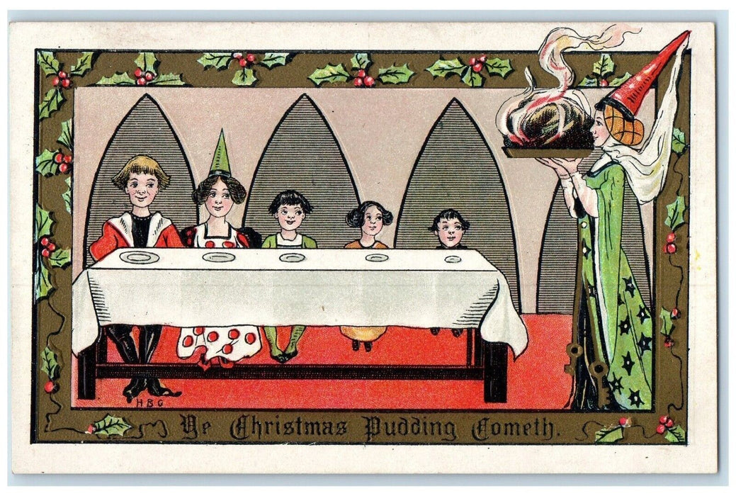 c1910's Christmas Mother Cooked Pudding For Kids Holly Berries HBG Postcard