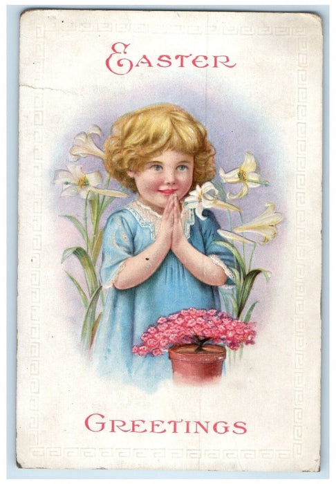 c1910's Easter Greetings Girl Praying Lilies Flowers Embossed Antique Postcard