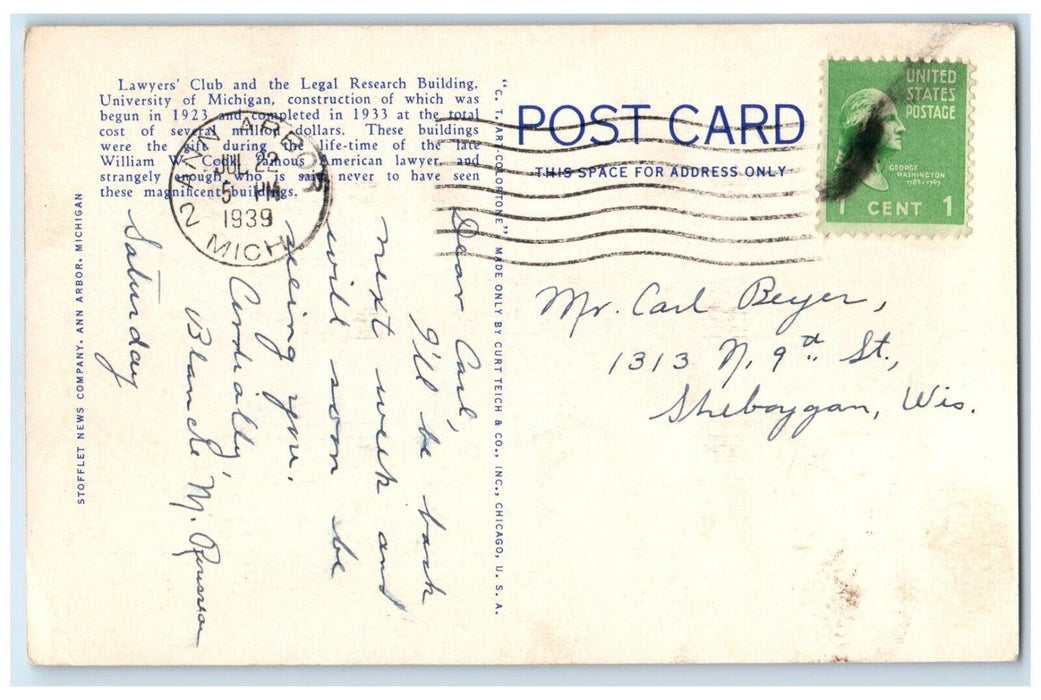1939 Aerial View Lawyers Club University Michigan Ann Arbor Michigan MI Postcard
