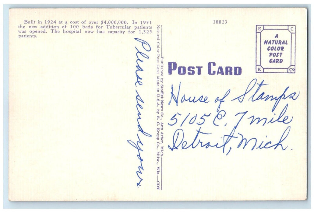 c1940 University Michigan Hospital New Addition Ann Arbor Michigan MI Postcard