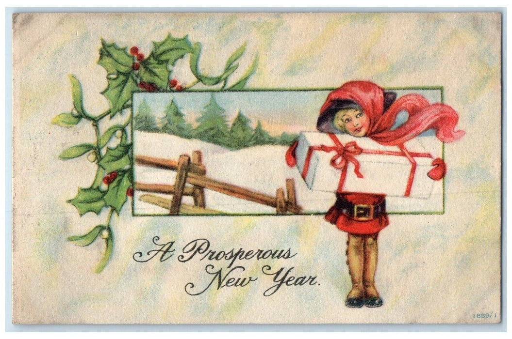 c1910's New Year Girl Holding Gift Holly Berries Mistletoe Antique Postcard