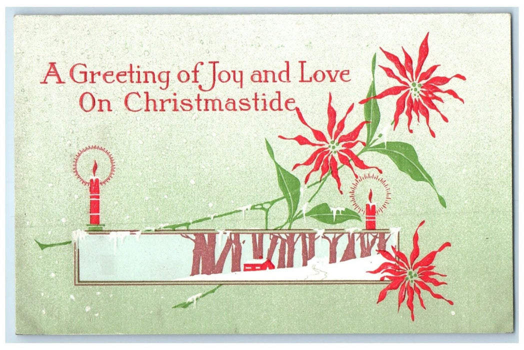 c1910's Christmas Greetings Poinsettia Flowers Candles Embossed Antique Postcard