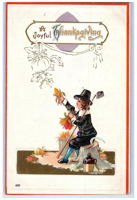 c1910's Thanksgiving Boy Harvested Corn Pumpkin Embossed Antique Postcard