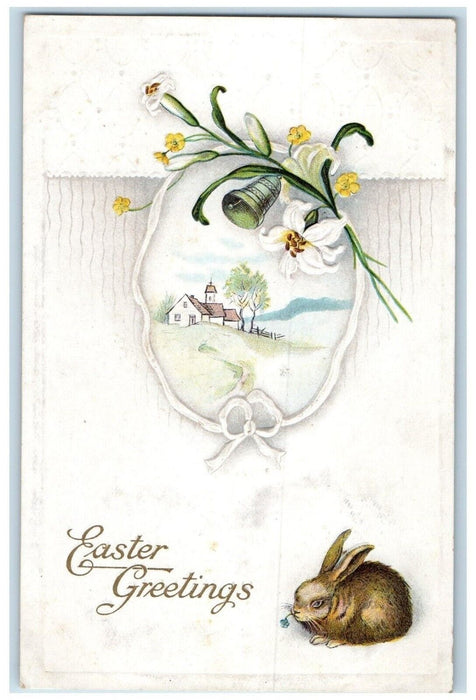 c1910's Easter Greetings Rabbit Lily Flowers Ringing Bell Embossed Postcard