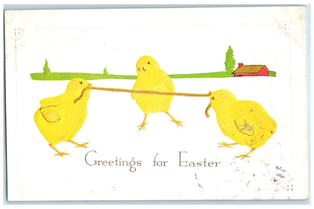 1915 Easter Greetings Scrambling Chicks Worm Embossed Hart MI Antique Postcard