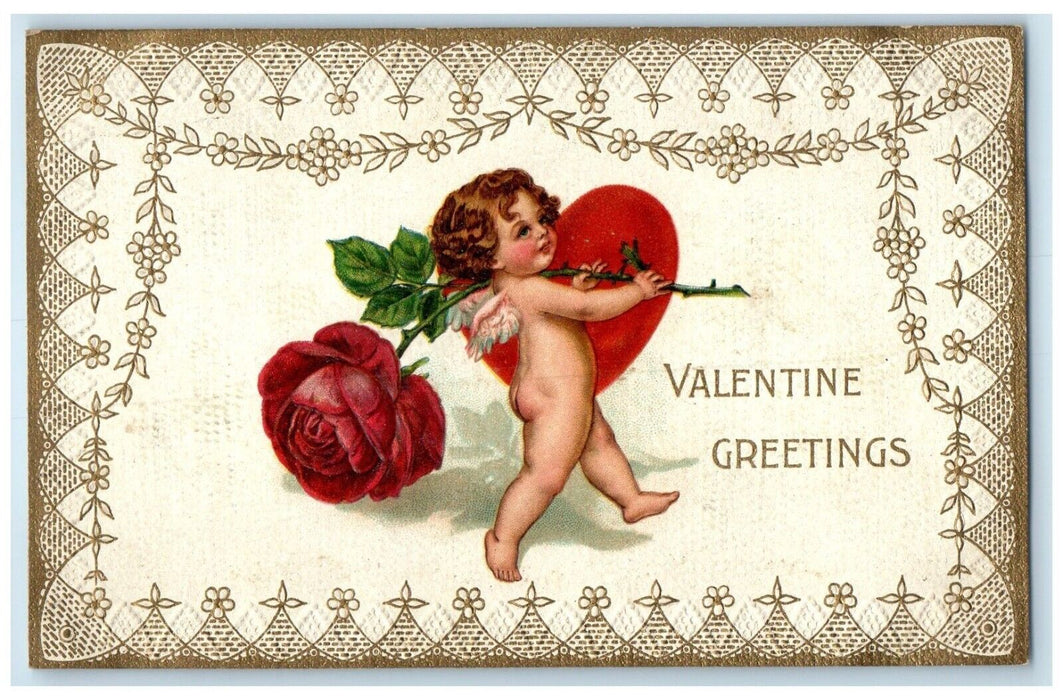 c1910's Valentine Greetings Cupid Angel Holding Red Rose Heart Embossed Postcard