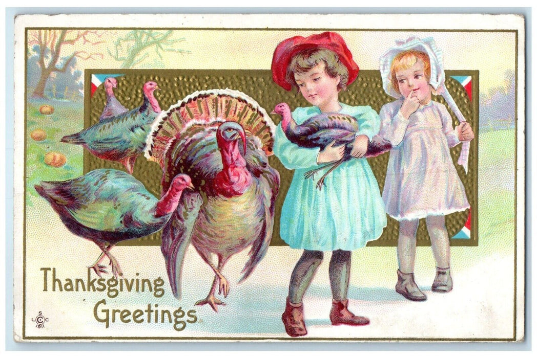 c1910's Thanksgiving Greetings Children Holding Turkey Embossed Antique Postcard