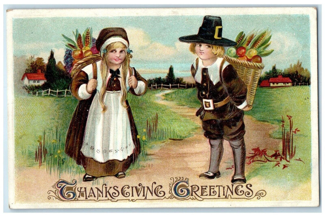 c1910's Thanksgiving Greetings Children With Fruits In Basket Antique Postcard