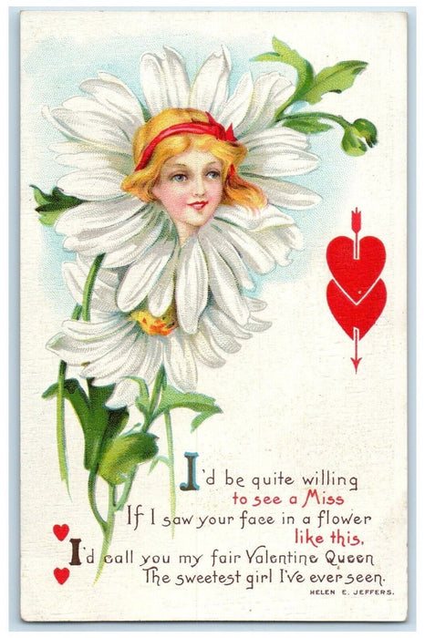 c1910's Valentine Queen Pretty Woman In Daisy Flower Embossed Antique Postcard