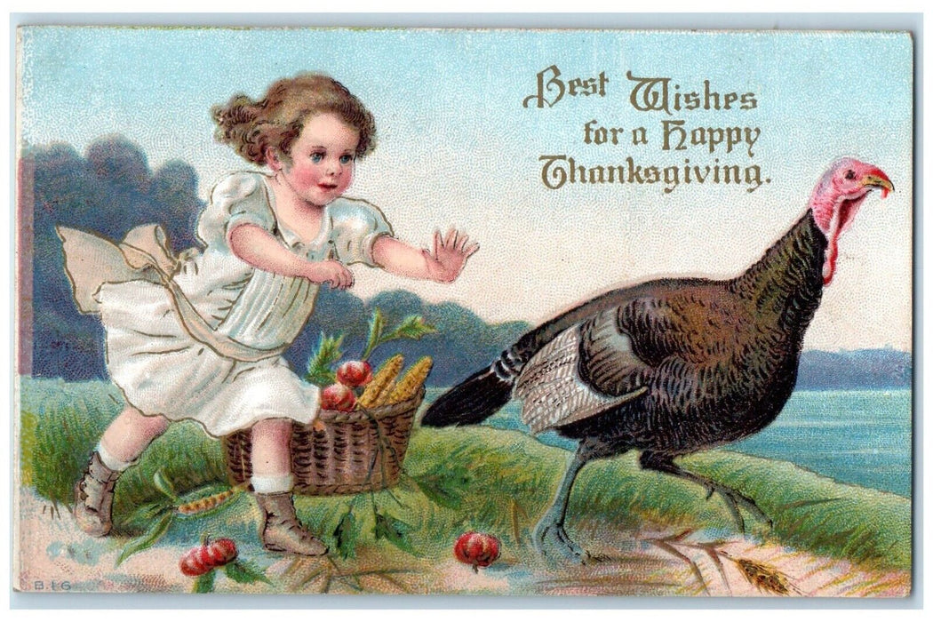 c1910's Thanksgiving Girl Chasing Turkey Veggies In Basket Embossed Postcard