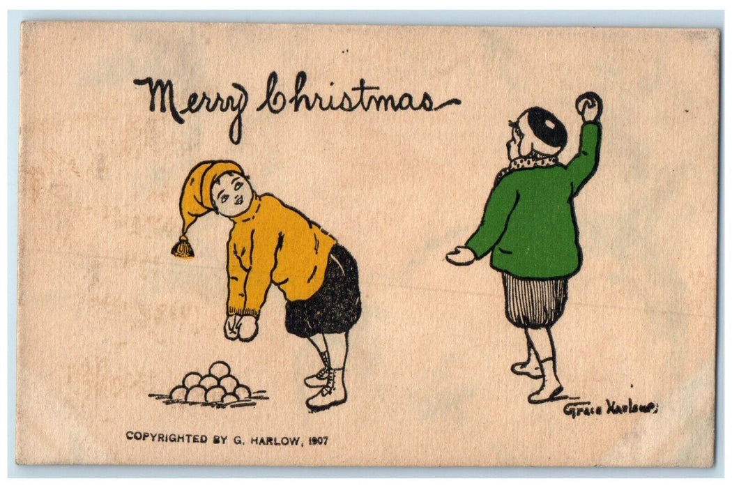 1918 Merry Christmas Woman Snowball Fighting Grace Harlow Antique Postcard