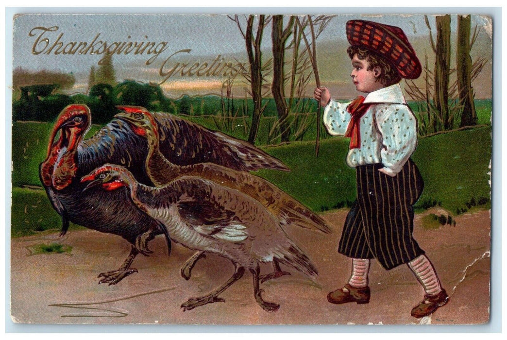 1908 Easter Greetings Boy Grazing Turkeys Embossed Beverly MA Antique Postcard