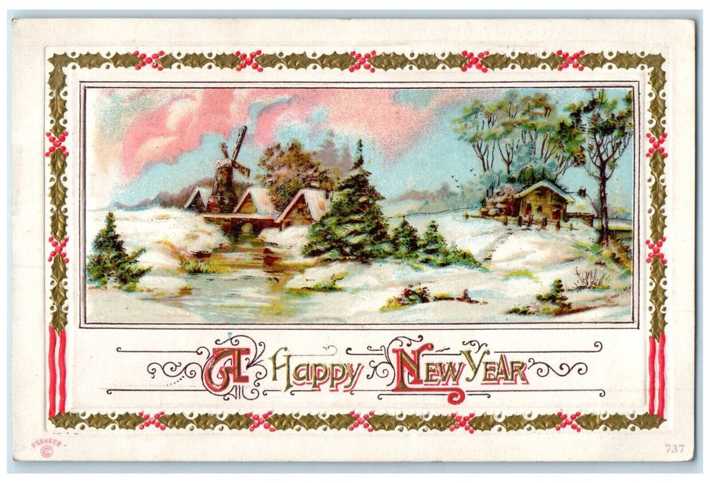 c1910's Happy New Year Windmill Houses Pine Trees Winter Embossed Postcard