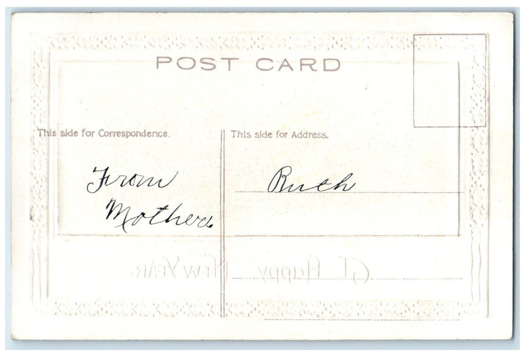 c1910's Happy New Year Windmill Houses Pine Trees Winter Embossed Postcard