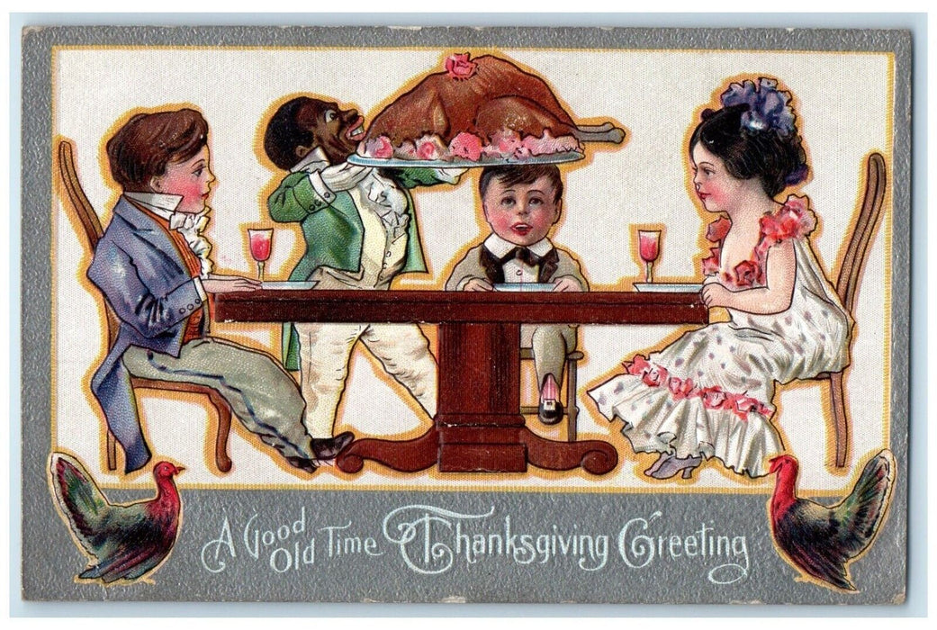 Thanksgiving Greetings Boy Serving Fried Turkey For Dinner Embossed Postcard