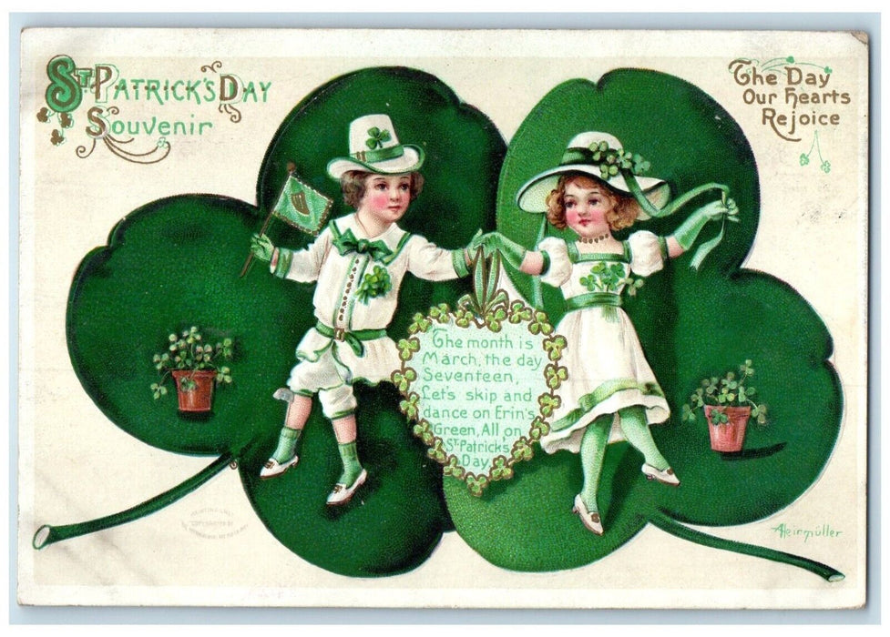 c1910's St. Patrick's Day Children Giant Shamrocks Clapsaddle Embossed Postcard