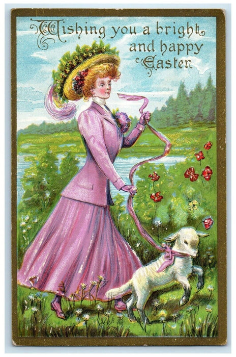 c1910's Easter Pretty Woman Big Hat Flowers Lamb Embossed Antique Postcard