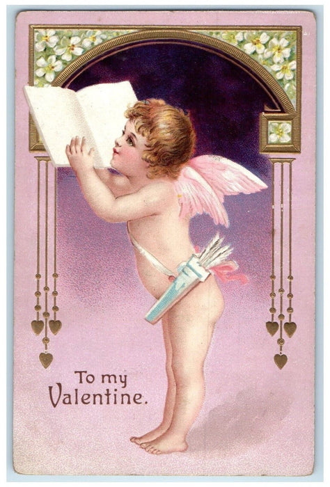 1907 Valentine Cupid Angel Book Embossed Mt. Hermon Massachusetts MA Postcard