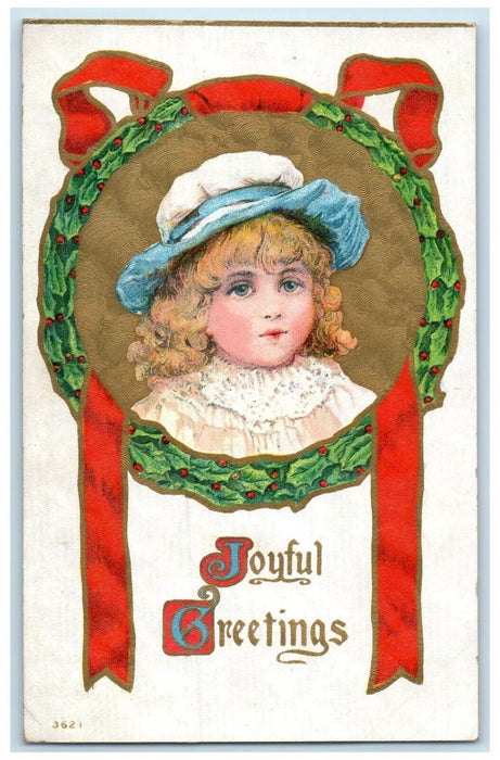 c1910's Joyful Greetings Pretty Girl Holly Berries Embossed Antique Postcard