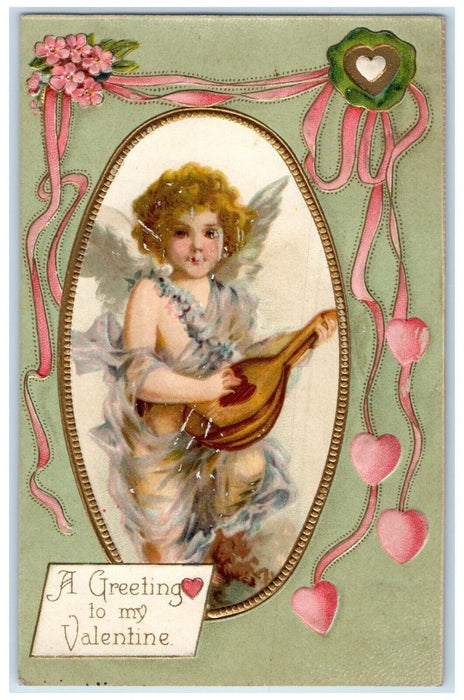 c1910's Valentine Greeting Angel Playing Banjo Heart Flowers Embossed Postcard