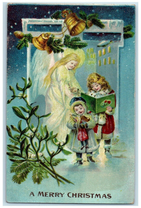 c1910's Christmas Mistletoe Angel And Children Pine Cone Bells Embossed Postcard