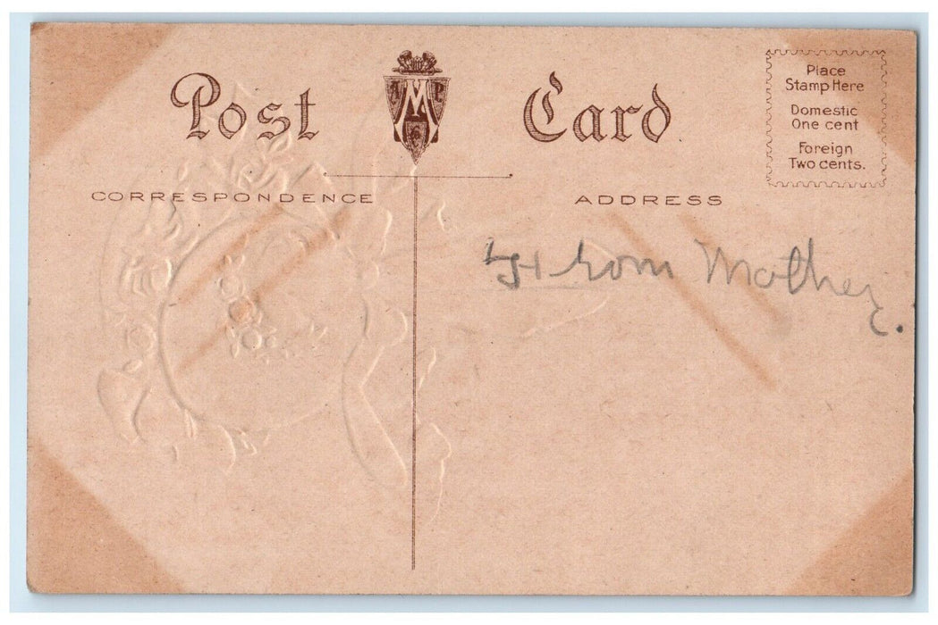 c1910's Easter Greeting Woman Big Hat Flowers Embossed Posted Antique Postcard
