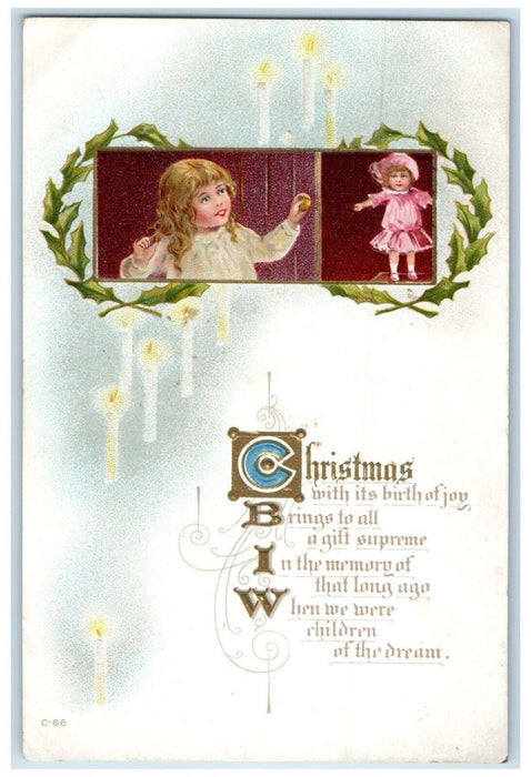 c1910's Christmas Little Girl Doll Candle Lights Embossed Antique Postcard