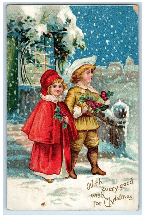 c1910's Christmas Children With Holly Berries Snowfall Winter Embossed Postcard