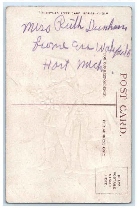 c1910's Christmas Children With Holly Berries Snowfall Winter Embossed Postcard
