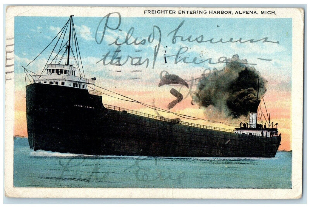 1923 Freighter Entering Harbor Steamer Cruise Ship Alpena Michigan MI Postcard