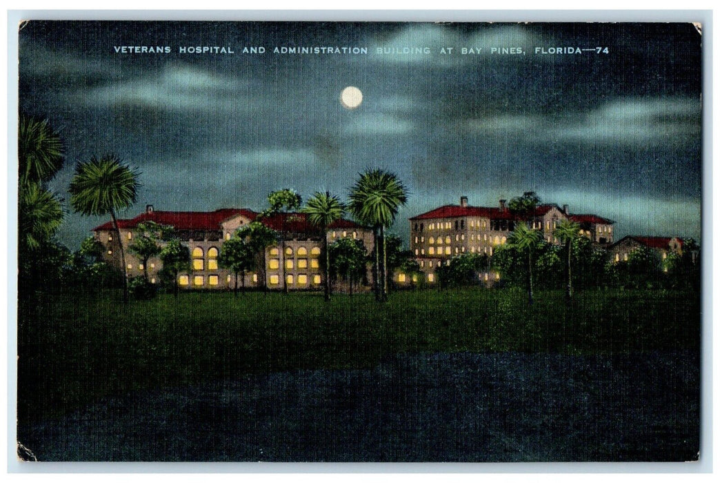 1940 Night Veterans Hospital Administration Building Bay Pines Florida Postcard
